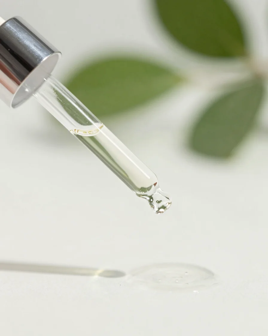 Bright daylight editorial shot of serum dropper over a neutral white surface, clean aesthetic, macro detail